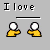 Pixelated 'I love' text above two yellow figures with white heads, showing sequential hand movement from separate to clasped positions.