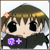 Chibi anime character with brown hair and large black eyes, wearing dark clothing, holding a purple text symbol that changes across frames.