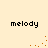 Four identical pixelated 'melody' text icons arranged in a on a light beige background with scattered orange dots
