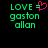 Green pixelated text 'LOVE = gaston allan' on black background with pink heart symbol replacing equals sign in one view.