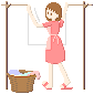 Pixel art of a girl in pink dress hanging laundry on clothesline, basket below with folded items.