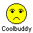 Three identical yellow pixelated smiley face icons with downturned mouths arranged in a 2x2 contact sheet layout, each labeled "Coolbuddy" below it on a gray background.