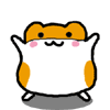 Two static frames of a cartoon hamster character with orange and white coloring, pink cheeks, black eyes, and a mustache-like mouth, displayed side-by-side on a gray background.