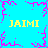 A static 4-frame contact sheet of a pixelated icon featuring repeated yellow text "JAIMI" on a bright cyan background with pink jagged border elements.