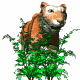 A tiger-like creature with orange-brown fur and white facial markings stands behind green foliage, its head turning from left to right