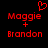 Red pixelated text 'Maggie + Brandon' on black background with a red heart symbol above 'Maggie' in the left view.