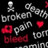 Pixelated black background with scattered white and red text fragments and symbols including 'broken', 'pain', 'bleed', a small white stick figure, and two red hearts.