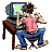 Pixelated figure in pink shirt and blue jeans sits at desk with CRT monitor, hands raised in motion