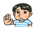 Pixelated cartoon character with dark hair and light blue striped shirt raises right hand in stop gesture against gray background.