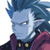 Pixelated static image of a blue-skinned character with spiky hair and a red garment, likely from Disgaea franchise.