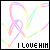 Six display a rainbow-colored heart outline with 'I LOVE HIM' text below, each showing distinct line positions