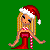 Pixel art icon of a blonde girl in red dress and Santa hat with candy cane, next to "Xmas" and "Cutie" text on green background.
