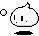 Pixelated white blob character with black vertical eyes, red dot nose, and small mouth; two white circular bubbles float left and right against gray background.