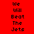 Red background with black text reading "We Will Beat The Jets" arranged in a , where blue rectangles highlight different words across frames