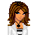 Pixel art of a female character with brown curly hair wearing white outfit and black necklace holding black-and-white object, next to text "eww doll icons" on white background