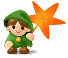 Pixel art character in green hooded outfit holding orange star, two frames showing slight pose and eye changes on gray background.