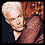 Four pixelated show a person with short light hair in different poses against dark and reddish-brown backgrounds