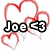 Pixelated red heart outlines surround black-and-white text reading "Joe EJ" on a white background.