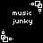Pixelated white text "music junky" appears below a white geometric icon on a black background, with multiple identical copies arranged in a pattern