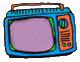 Three identical cartoon-style television sets with blue bodies, orange side , and purple screens arranged in a on gray background