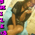 Pixelated image of a person with dark hair holding an object, vertical purple text on left side.