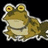 Pixelated frog with large yellow eyes and brown-green body against black background.