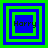 Four square display a blue and green layered square design with the text 'Harry' in black pixelated font, each showing a different arrangement of the layered squares