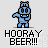 Pixelated blue bear character in multiple poses above "HOORAY BEER!!!" text on light gray background.