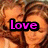 A four- shows a woman with brown hair and warm skin tone; the top-left displays 'love' text, while the top-right has 'and be happy', all in purple pixelated font