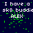 Dark blue background with green pixelated particles scattered , white text reading "I have a sk8 buddie ALEX" repeated in multiple
