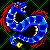 Pixelated blue dragon with red accents, open mouth showing teeth, yellow underbelly, green checkered background, static image.