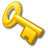 A pixelated golden key with a rounded bow and toothed bit, rendered in yellow-orange hues against a solid gray background.