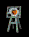 A square frame on a stand displays an animated circular pattern with orange and white hues against black background.