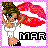 Pixelated character with brown hair and blue eyes winking, holding a large red lip shape, wearing white top and black shoes, with 'MAR' text below.