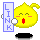 Yellow pixelated character with closed eyes, red mouth, and two small ears holds a vertical sign reading 'LINK' in blue text on light purple background.
