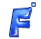 Four blue stylized F letters with white outlines on gray background, each with a small square element above or near it.