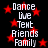 Black background with red stars and white text reading Dance, live, Text, Friends, Family repeated in two