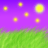 Purple gradient sky with six yellow circular lights above green grassy field, rendered in pixelated style.