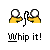 Pixelated yellow figures with white heads perform whip motion animations, each frame showing sequential whip positions and red cross symbols on one figure's head, with 'Whip it!' text below.