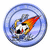 Pixelated circular icon with blue gradient background containing a stylized character in motion, featuring orange and yellow flame-like effects on one side.