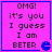 Four identical pink square with blue borders display pixelated text and a blue Pac-Man icon, each containing the same text and icon arrangement