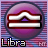 Purple circular icon with white and red horizontal lines forming a stylized symbol, set against a striped background with text "Libra" and "MT" below.