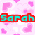 Pixelated pink background with scattered heart shapes and two instances of the name 'Sarah' in cyan text outlined in red.