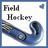 Pixelated field hockey stick image with text overlays on blue background, including names and a phrase about carrying sticks.