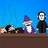 Pixelated scene with three figures on a blue background and repeated text on the right.