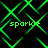 Green pixelated lines form a shifting pattern with the word 'sparkle' repeated in green text across four quadrants on black background