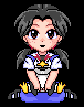 Pixel art character with dark gray pigtails, blue eyes, and red cheeks sits on a blue base with yellow hands, wearing a white shirt with red and blue accents and a yellow star emblem.