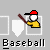 Animated icon of a baseball player swinging at a ball, with changing base and ball positions across frames.