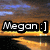 Pixelated image with 'Megan :]' text over a sunset landscape background featuring blue sky, orange horizon, and water reflection.