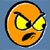 Pixelated orange circular icon with yellow eyes and black pupils, a downturned mouth, and dark outlines on blue background.